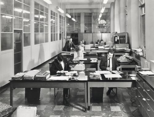 Photograph: Bradford Museum & Art Gallery | Salts Mill office interior in October 1969.