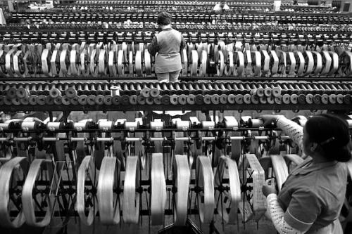 Photograph: Tim Smith | Reeling silk for velvet production at Listers' Bingley Mills in 1987